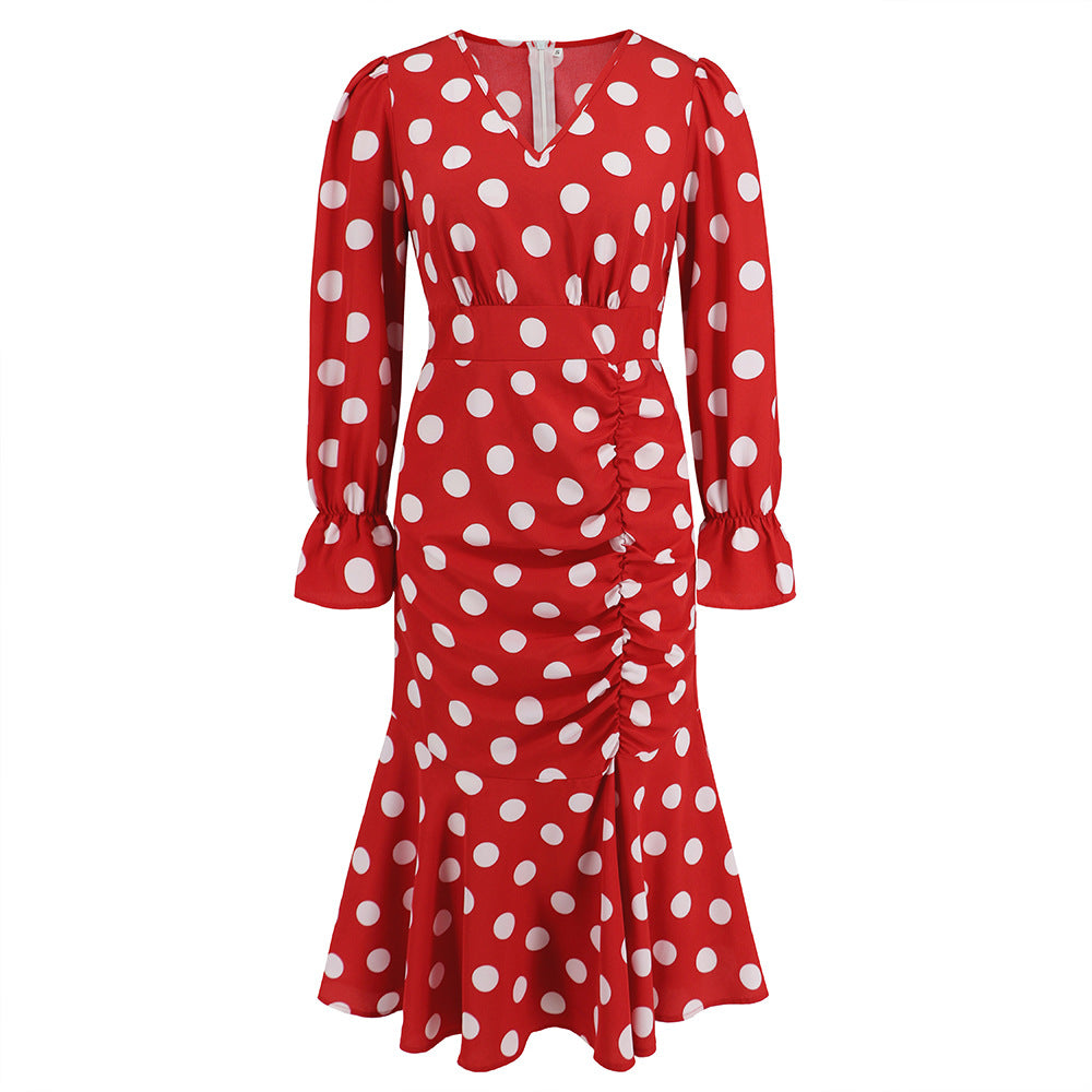 Sexy Polka Dot V-Neck Long-Sleeved Dress Pleated Fishtail Skirt Slim Temperament Long Skirt Women Plus Size