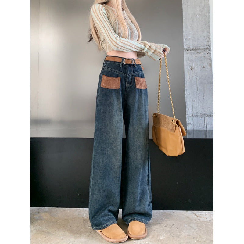 Autumn And Winter New High-Waisted Straight Leg Denim Trousers Women's Pocket Loose Wide Leg Mop Pants