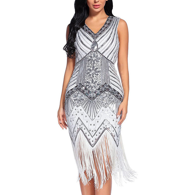 Vintage Style Sequined Beaded Dress Front And Back V-Neck Fashion Fringe Dress Exploded
