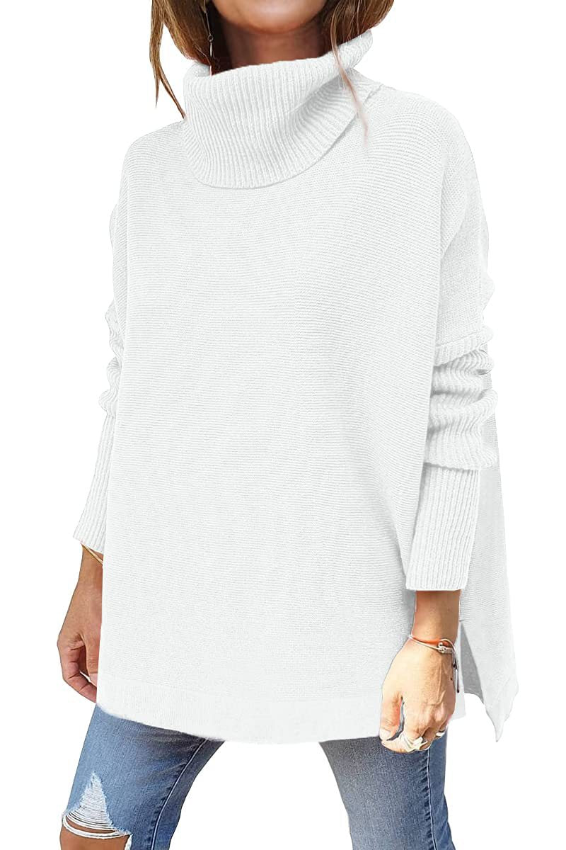 New Women's Turtleneck Oversized Sweater Mid-Length Batwing Sleeve Slit Hem Tunic Jumper