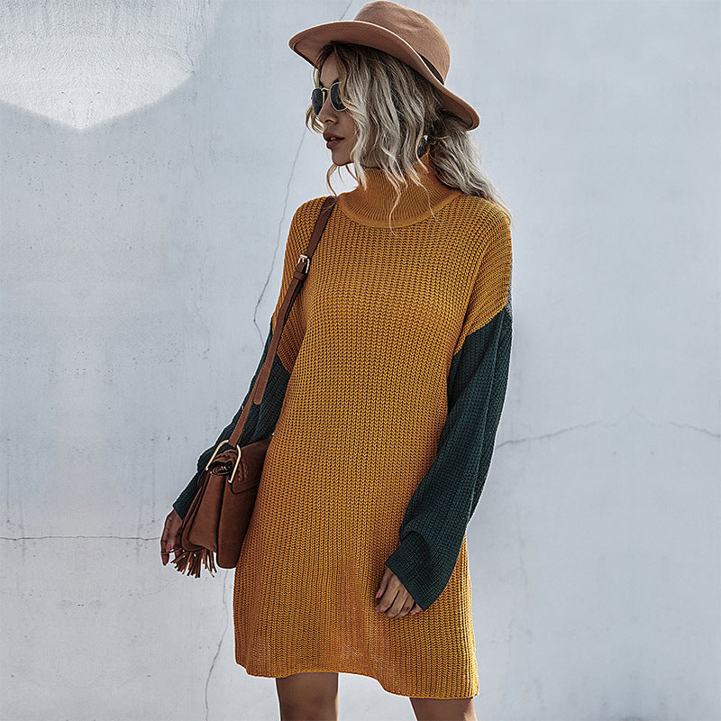 Long-Sleeved Knitted Slim-Fit Match Color Sweater Dress Women Long Match Autumn And Winter