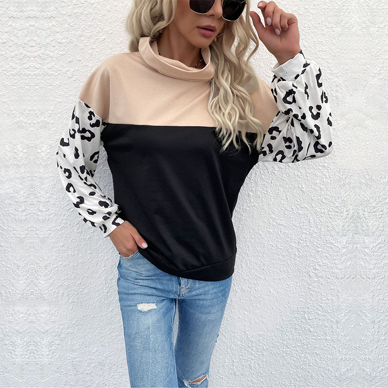 Autumn and Winter New Casual Leopard Print Jacket with Long-Sleeves and High-Neck Hoodie