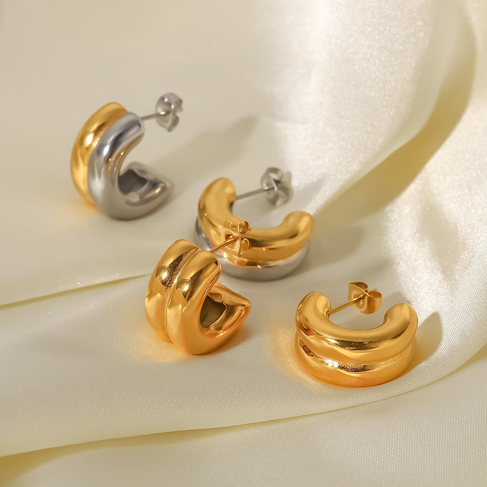 5pcs 18K Gold Stainless Steel Double Earrings Style Gold And Silver Matching Color Titanium Steel Earrings Women's Fashion Personality Earrings