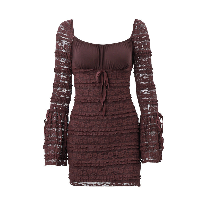 Women's Autumn New Sexy Square Collar Low Cut Trumpet Sleeve Slim Wrap Hip Skirt Cake Skirt