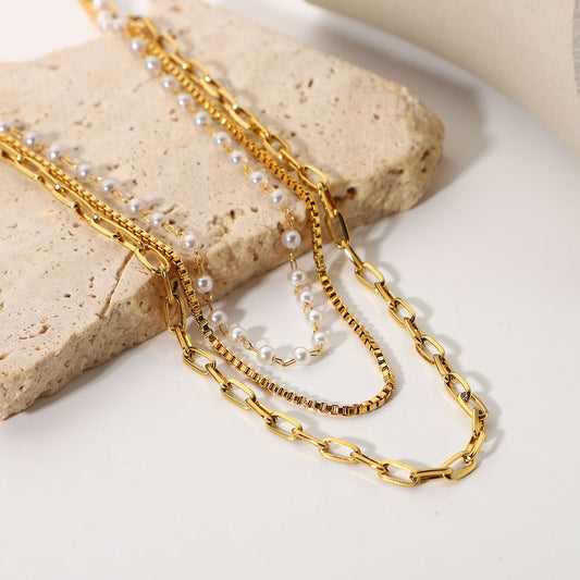 5pcs Necklace Is Independently Packaged 18K Gold Stainless Steel Small Pearl Chain Three-Layer Necklace For Women
