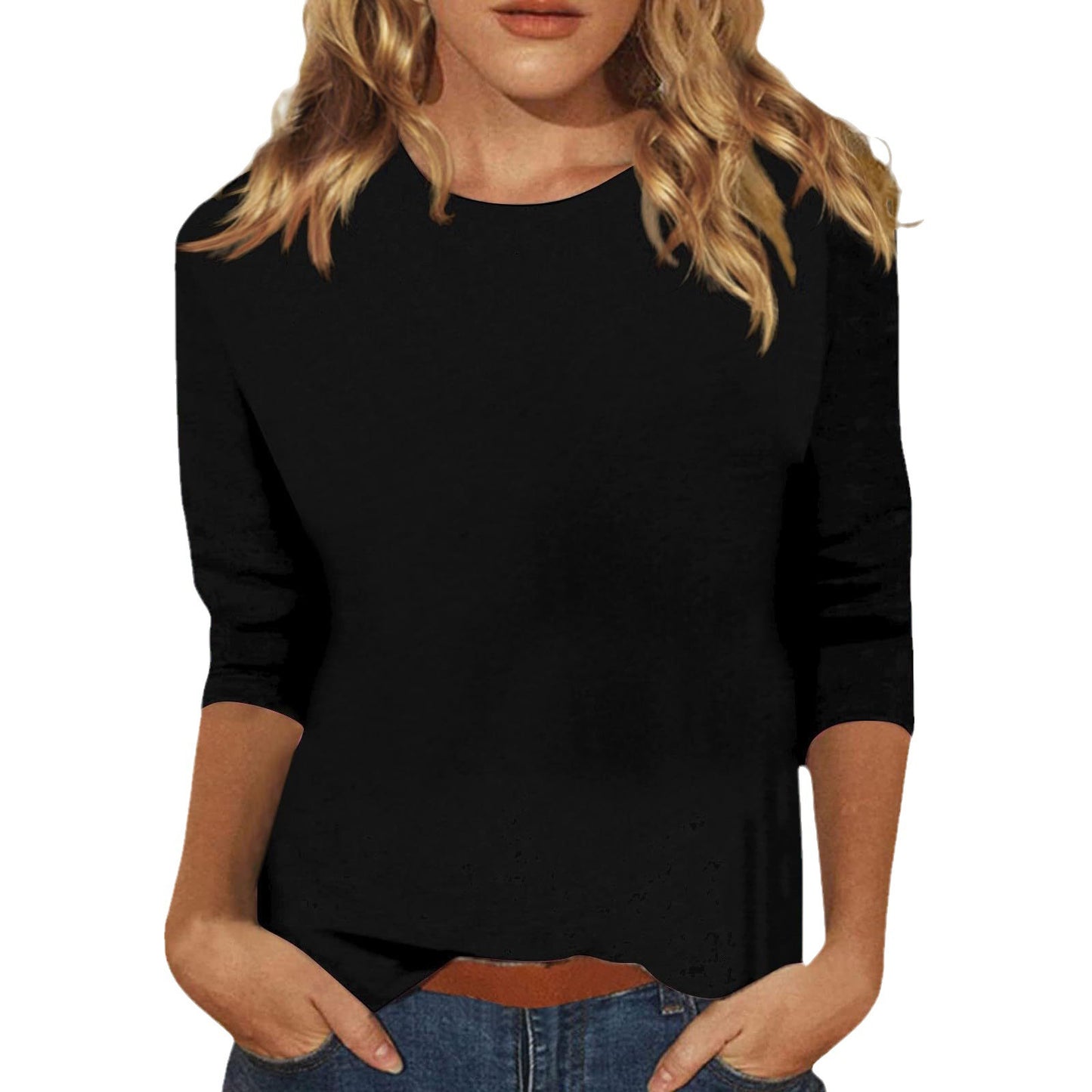 Autumn And Winter Women's Top Round Neck Seven-Point Sleeve Solid Color T-Shirt
