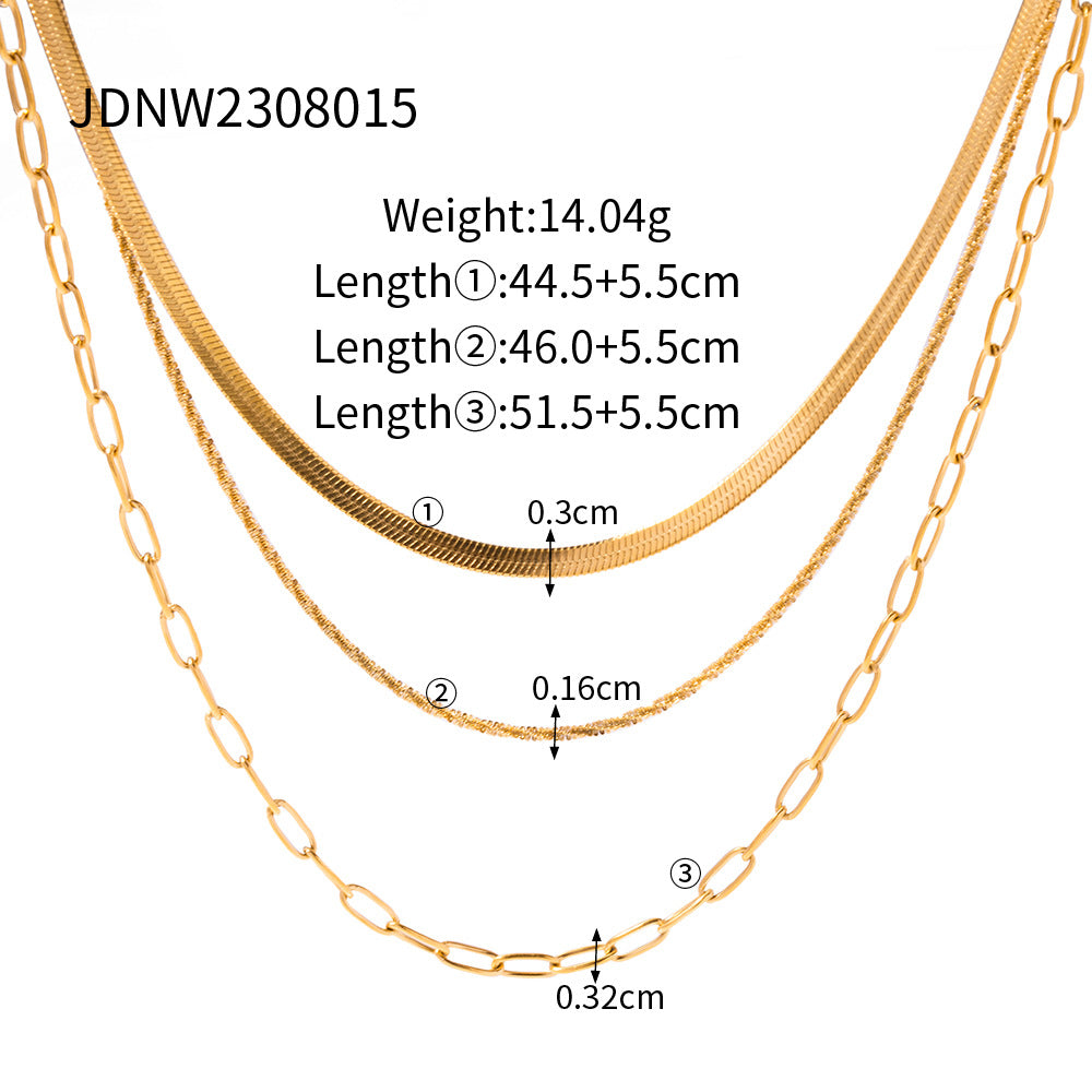 5pcs Necklace 18K Gold Stainless Steel Flat Snake Chain Sparkling Chain Paper Clip Chain Three Layer Necklace