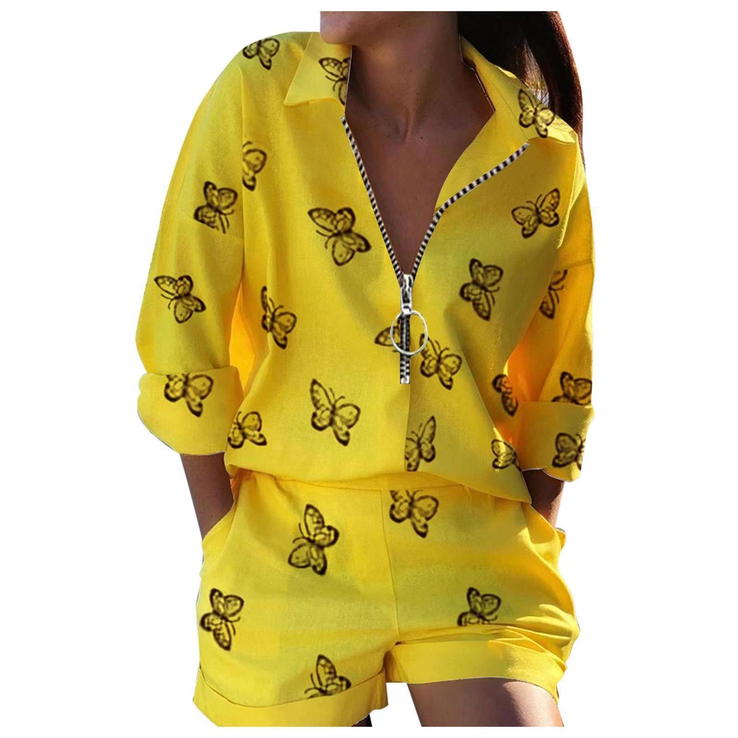Autumn And Winter New Women's Top Long-Sleeved Printed Zipper Shorts Two-Piece Suit