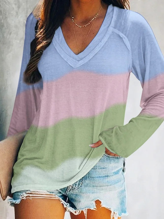 Autumn And Winter Women's Tie Dye Gradual Print V-Neck Long Sleeve T-Shirt Woman