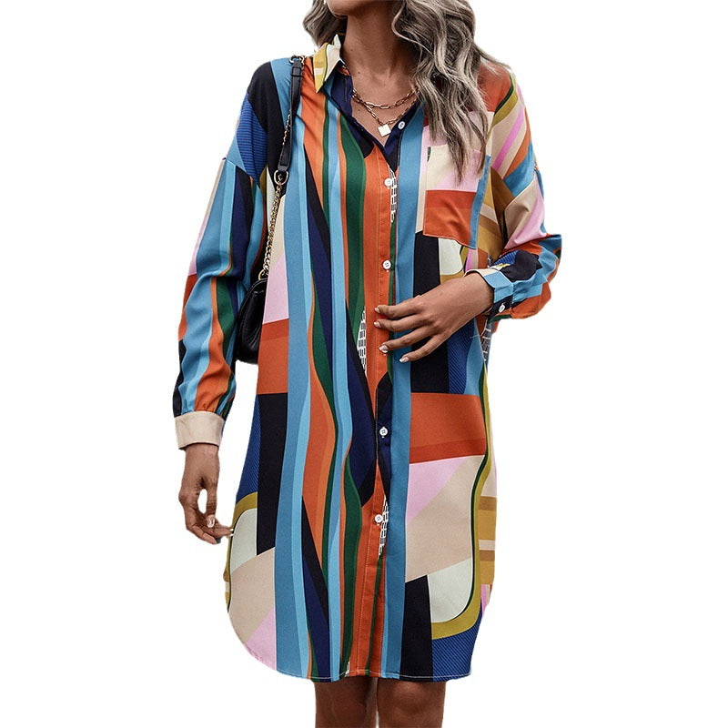 Chic Autumn Style: Color Contrast Long Sleeve Lapel  Shirt Dress