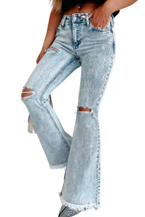 New Long Ripped Jeans Women's Bell-Bottoms Washed High-Waisted Trousers