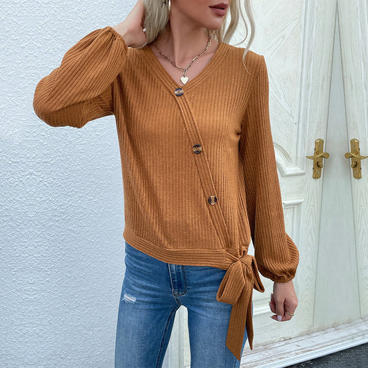 New Autumn  Women's Clothing Solid Color Button Decoration Pit Strip Bottom Knitwear