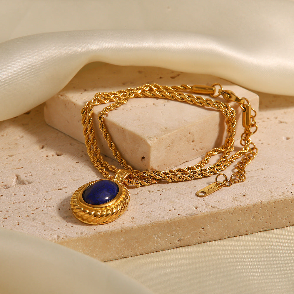 5pcs Cold Everything With Retro Temperament Personality Regular Chain Inset Lapis Lazio Oval Pendant Necklace