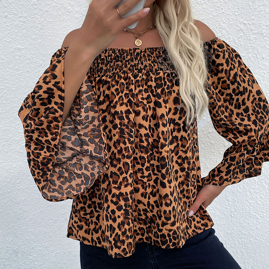 Autumn New Women's Loose One-Line Shoulder Pullover Bottom Leopard Print Chiffon Shirt