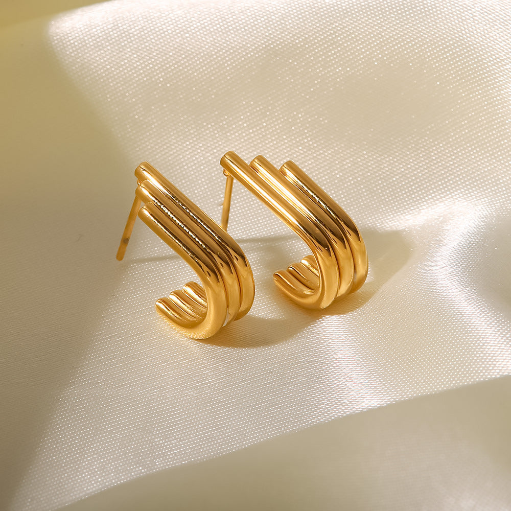 5pcs Titanium Steel Earrings Women's Fashion Matching Geometric Shape Staggered Three Layers Of U-Shaped Opening Earrings