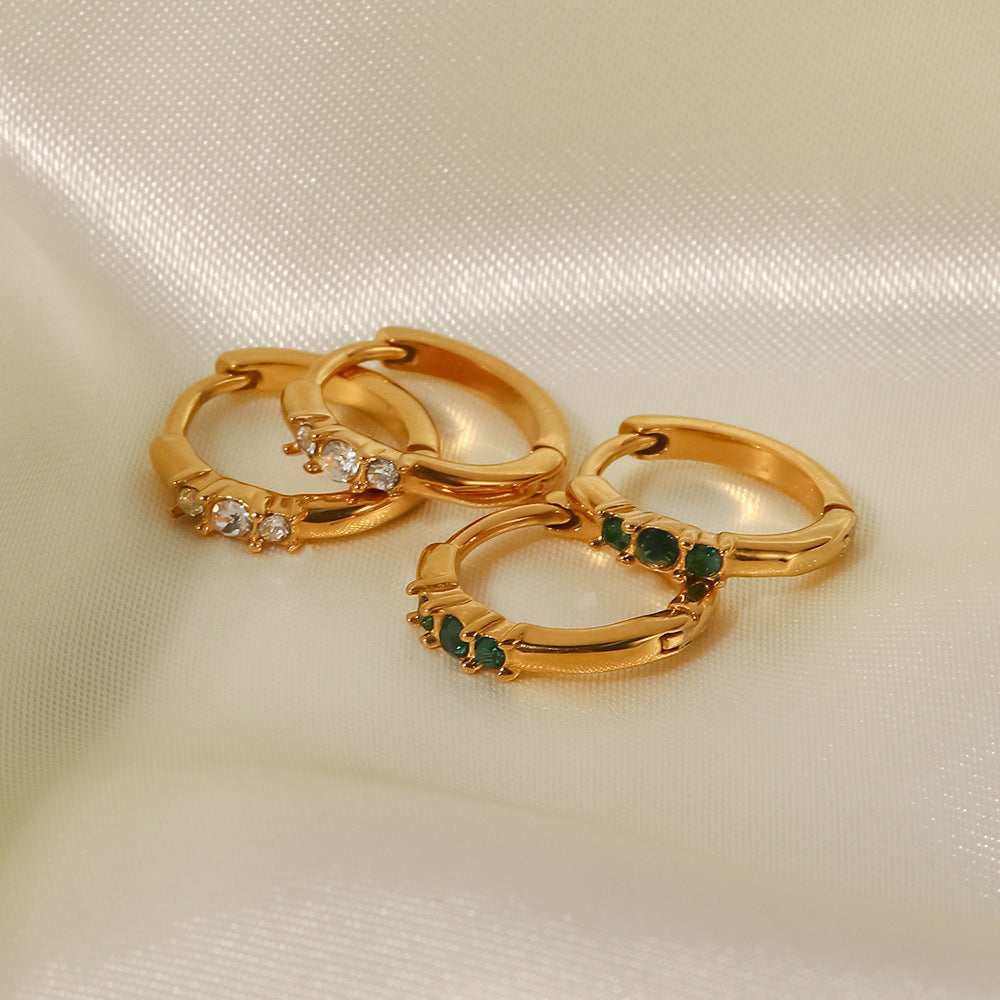 5pcs Women's Fashion All-Match Titanium Steel Earrings 18K Gold Plated With Three White Diamonds Round Ear