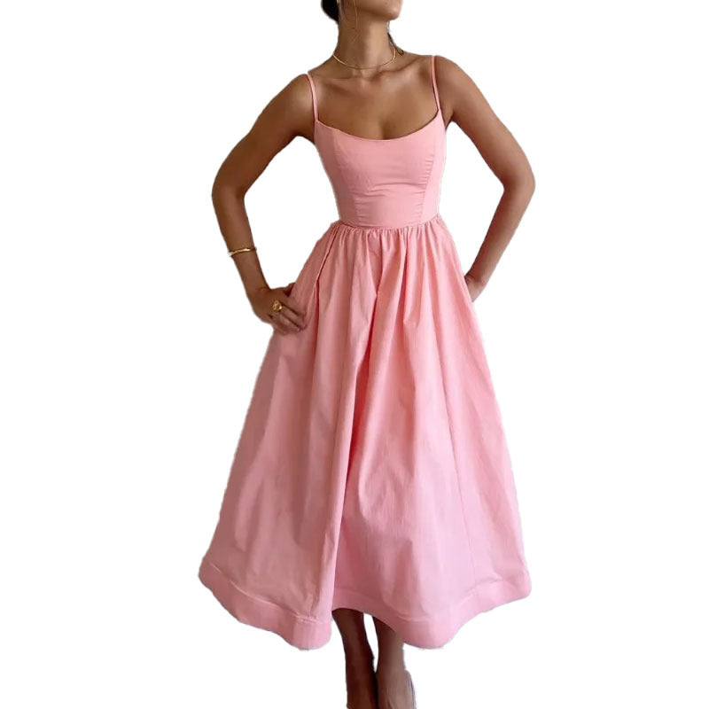 New Women's Solid Color U-Collar Fold Waist Swing Sexy Halter Dress