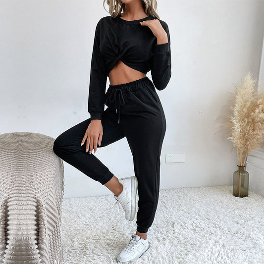 New Black Short Hoodie Sports And Leisure Suit Two-Piece Set