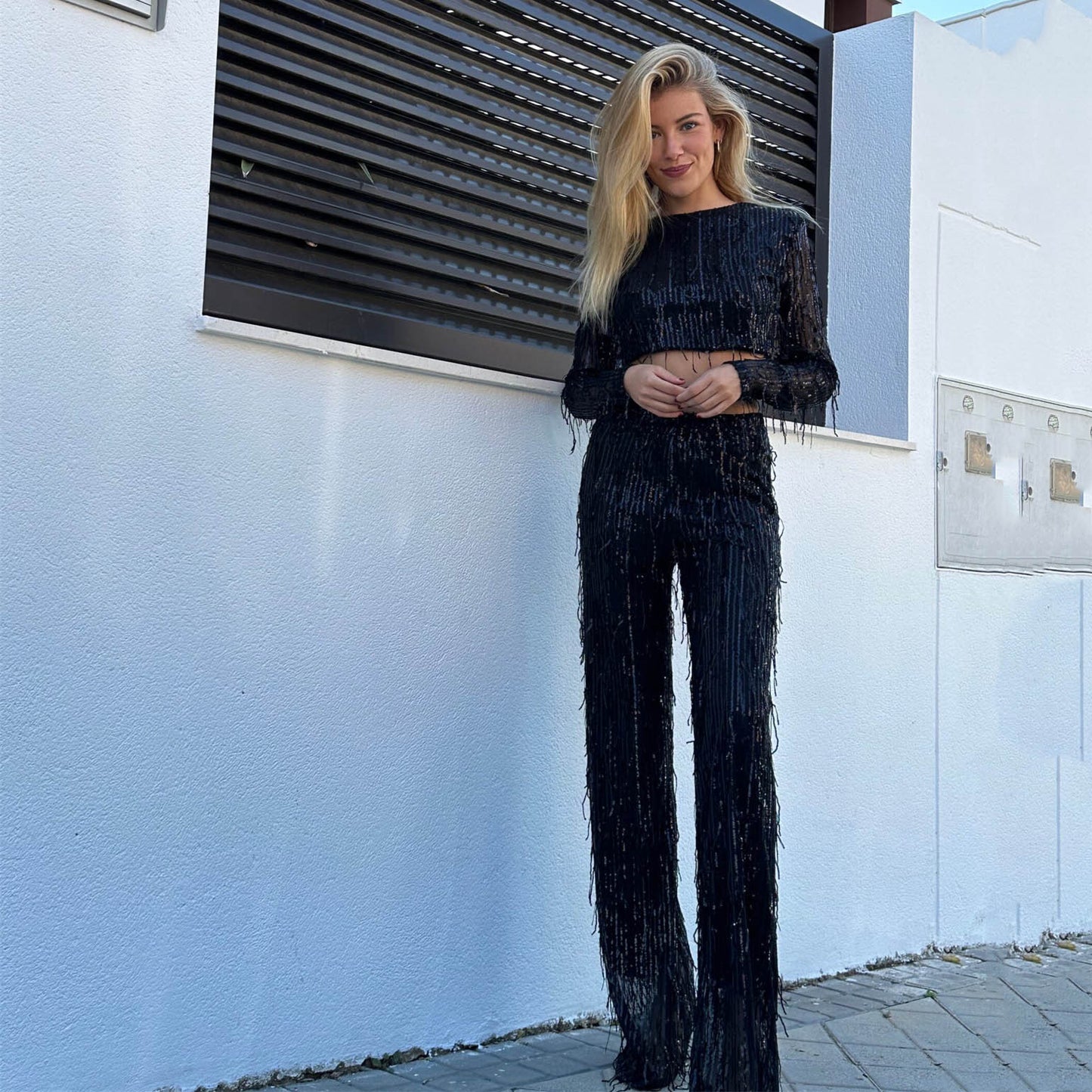 Beaded Crewneck Single Breasted Vest Pant Suit New Spring T-Shirt Casual Sequin Fringe Two-Piece Set