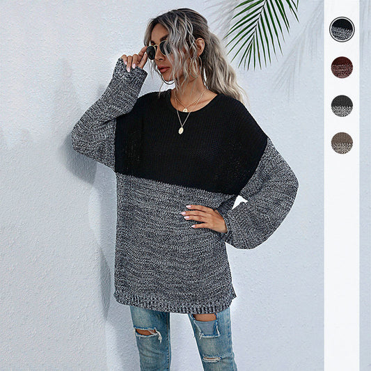 Color Contrast Round Neck Long Sleeve Knitted Sweater - Women's Medium-Length Fashion