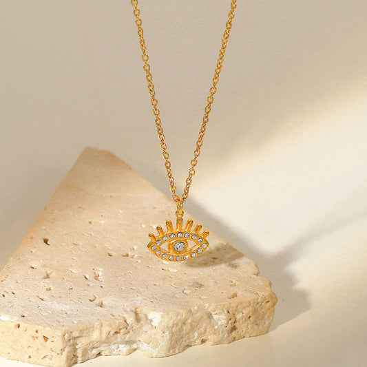 5pcs Vintage Style 18K Gold Hollowed Out Devil's Eye Zircon Edged Pendant Stainless Steel Necklace For Women Jewelry
