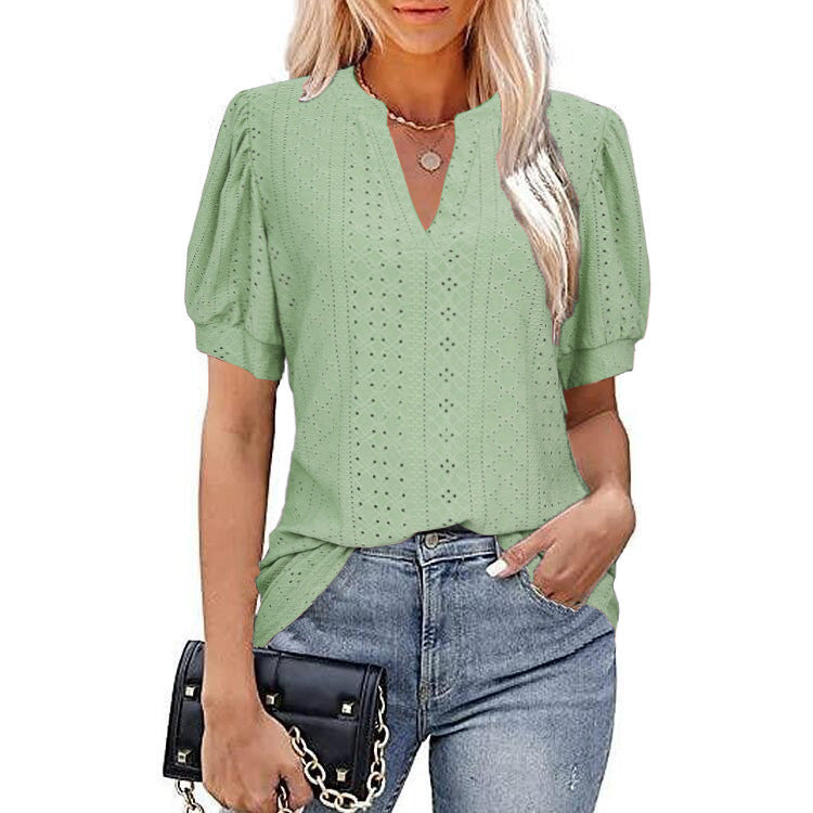 Spring And Summer Casual V-Neck Solid Color Hollow Puffy Sleeve Loose T-Shirt