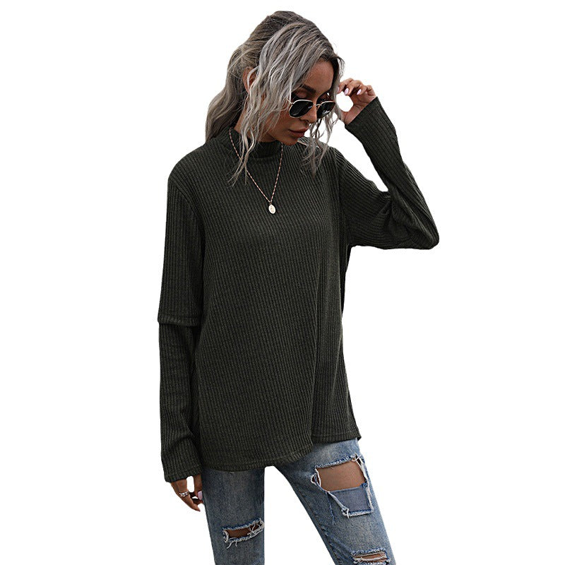 Effortless Elegance: Autumn High-Neck Blouse Sweater with Long Sleeves and Loose Fit