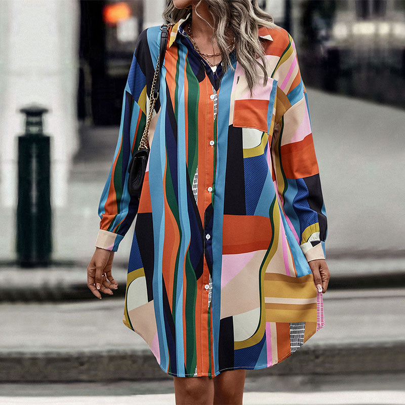 Chic Autumn Style: Color Contrast Long Sleeve Lapel  Shirt Dress