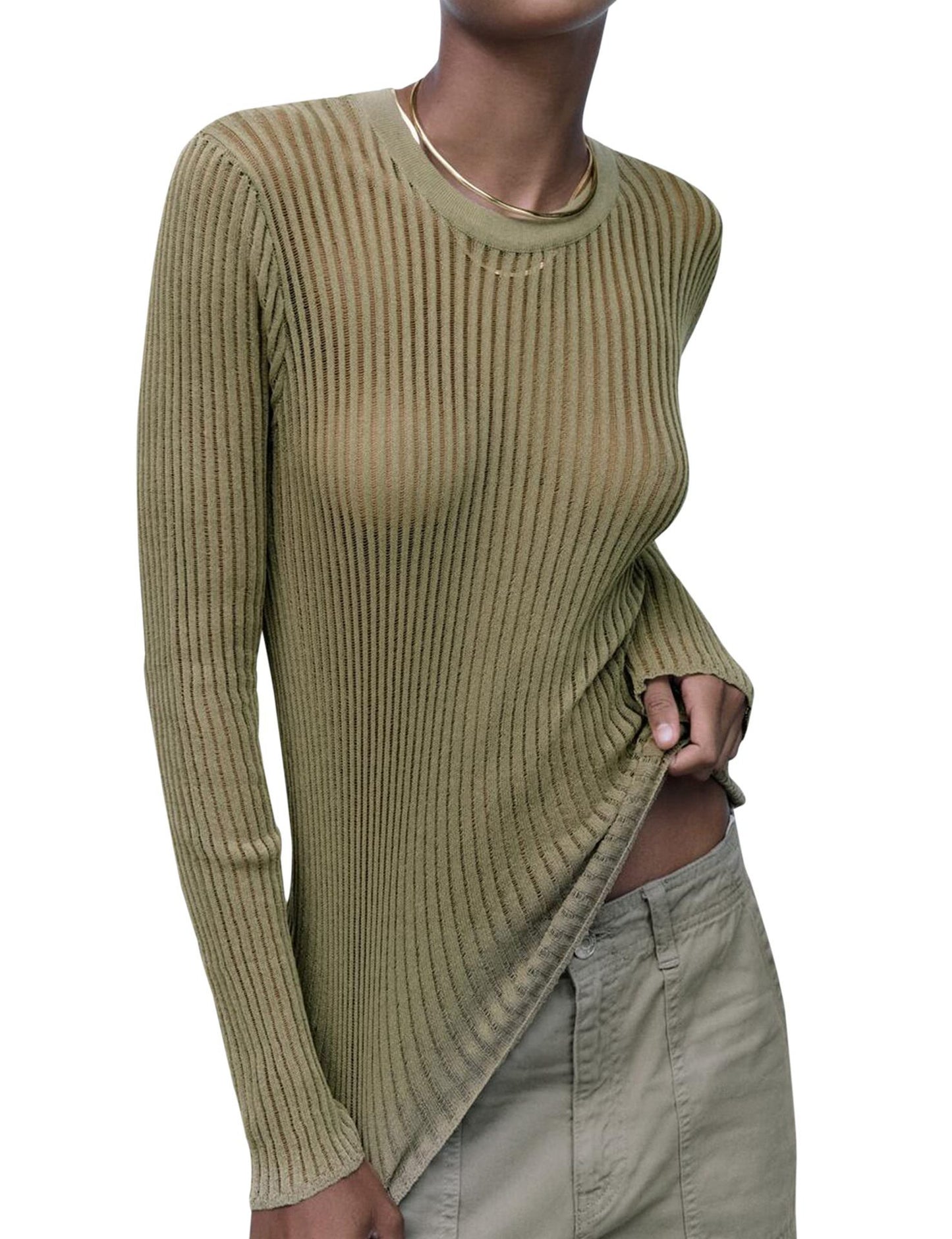 Spring And Summer New Solid Color Long Sleeve Pit Strip Round Neck Breathable Top For Women