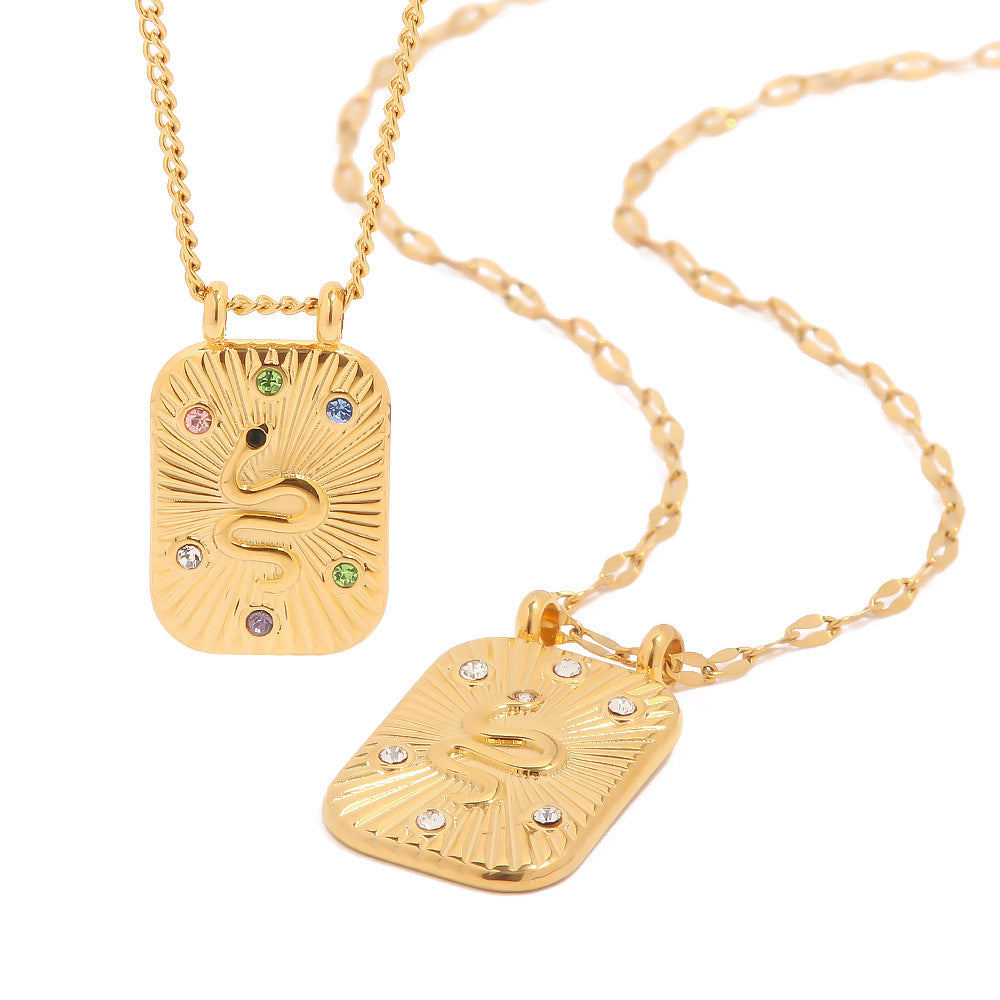 5pcs Vintage Style 18 K-Plated Stainless Steel Square Pendant Necklace With Diamond Serpentine Pattern Fashion Jewelry