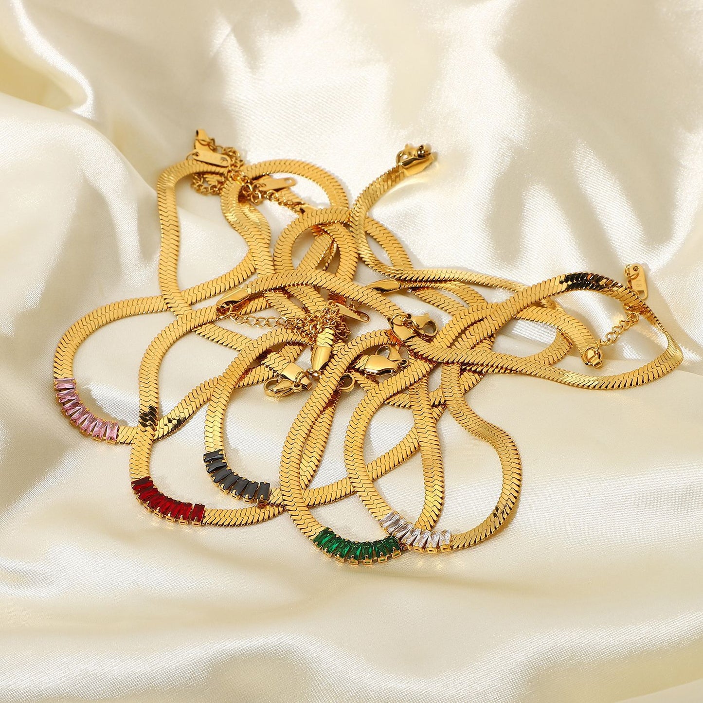 5pcs Necklace 18K Gold Plated Stainless Steel Jewelry Rectangular Color Zirconium Chain Necklace For Women