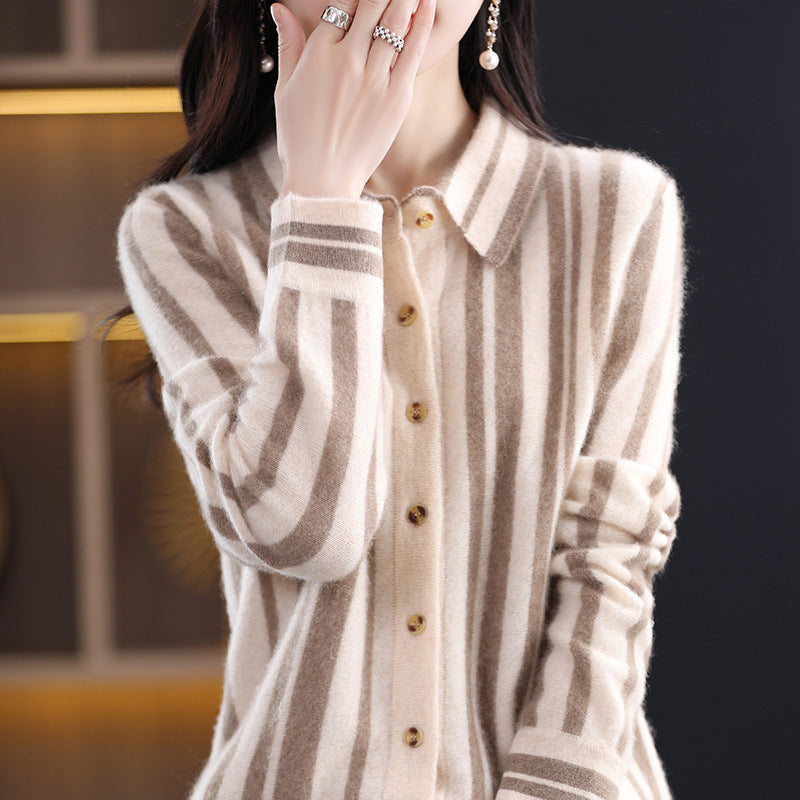 Spring And Autumn New Polo Collar Vertical Stripes Pure Wool Shirt Female Korean Version Patchwork All Matching Thin Wool Knitted Cardigan