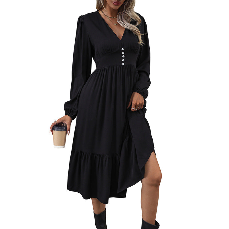 New Women's Solid Color V-Neck Dress Autumn Women's Senior Sense