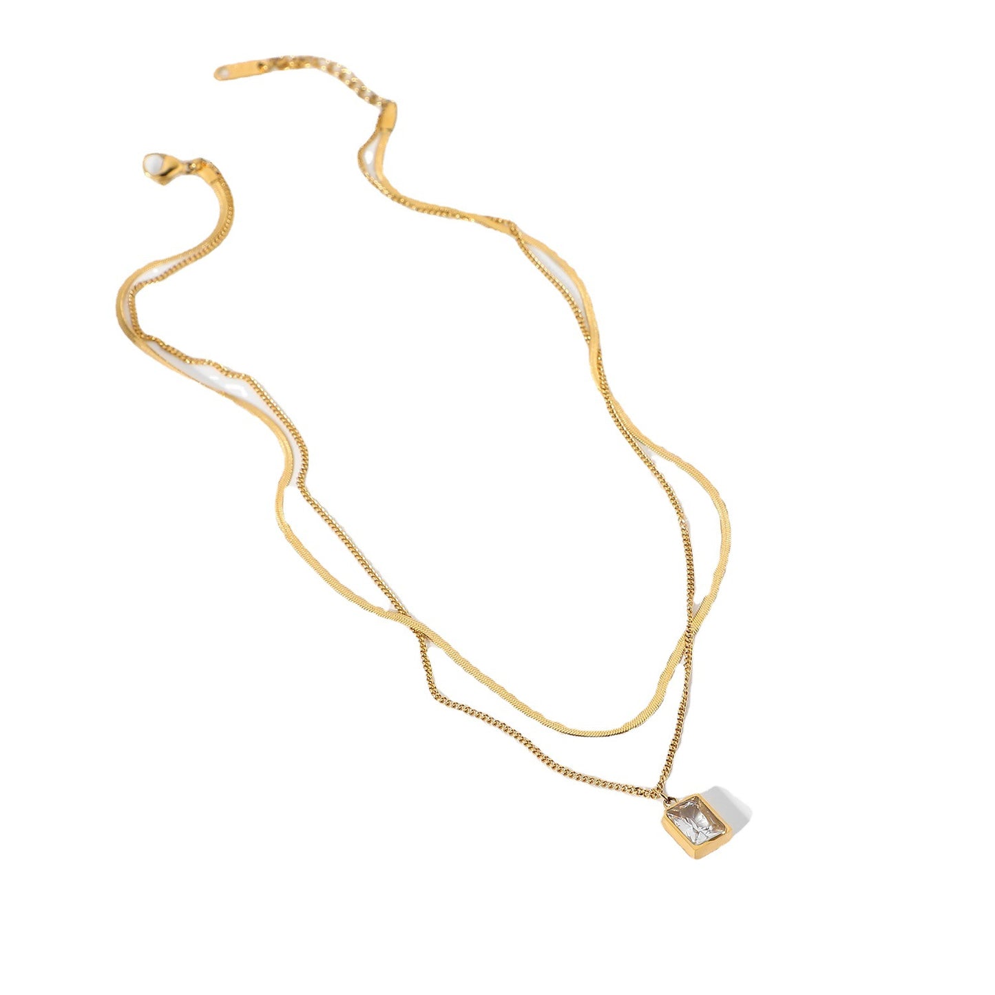 5pcs Women's Stainless Steel Jewelry Double 18K Gold Snake Chain Necklace Mini Exquisite Square Diamond Crystal Pendant Necklace