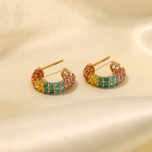 5pcs New Fashion Earrings 18K Gold Plated Stainless Steel Inlaid With Colored Zircon Ring Earrings