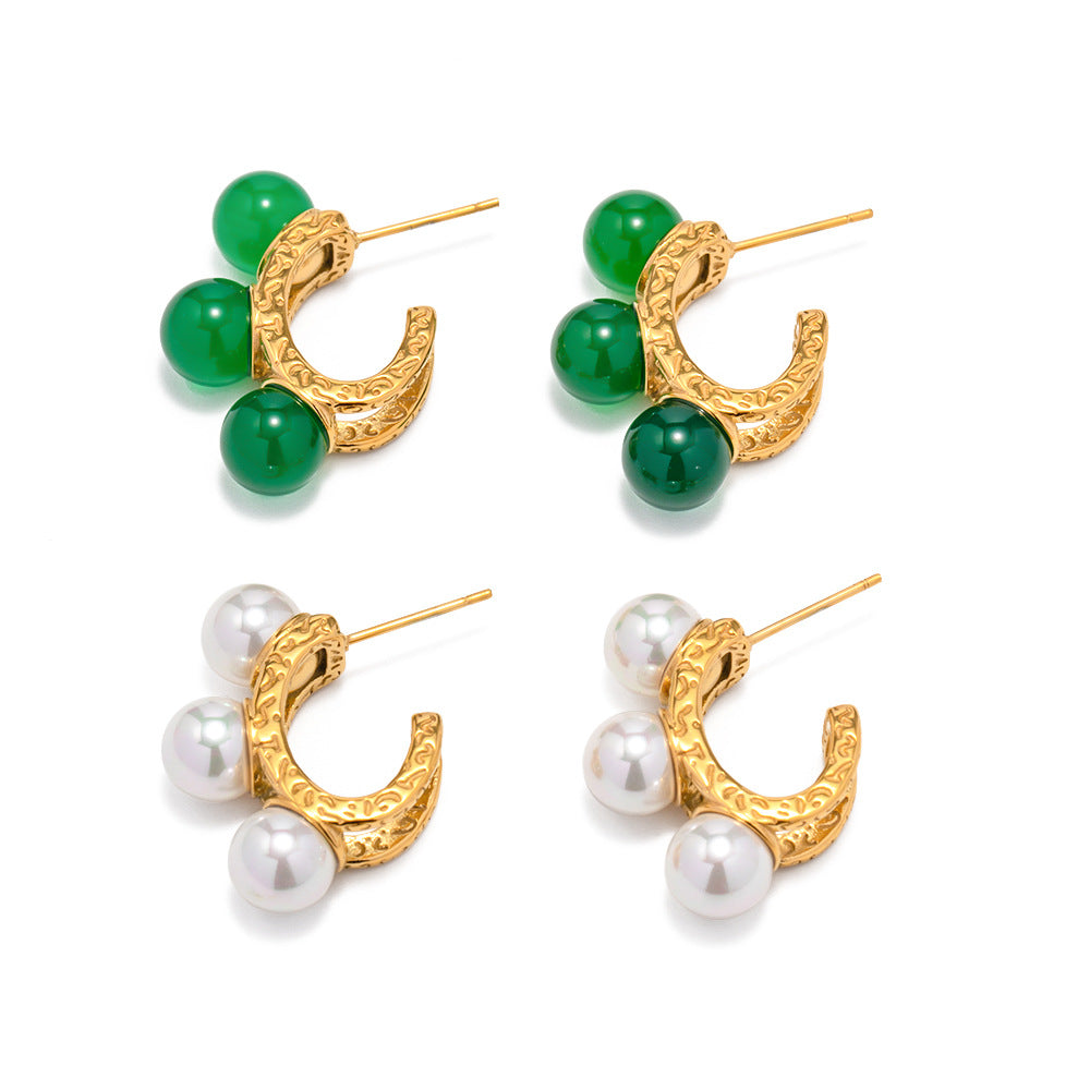 5pcs Classic Stainless Steel Hammer Pattern 18 Gold Inlaid Pearl Earrings Fashion All-In-One Earrings