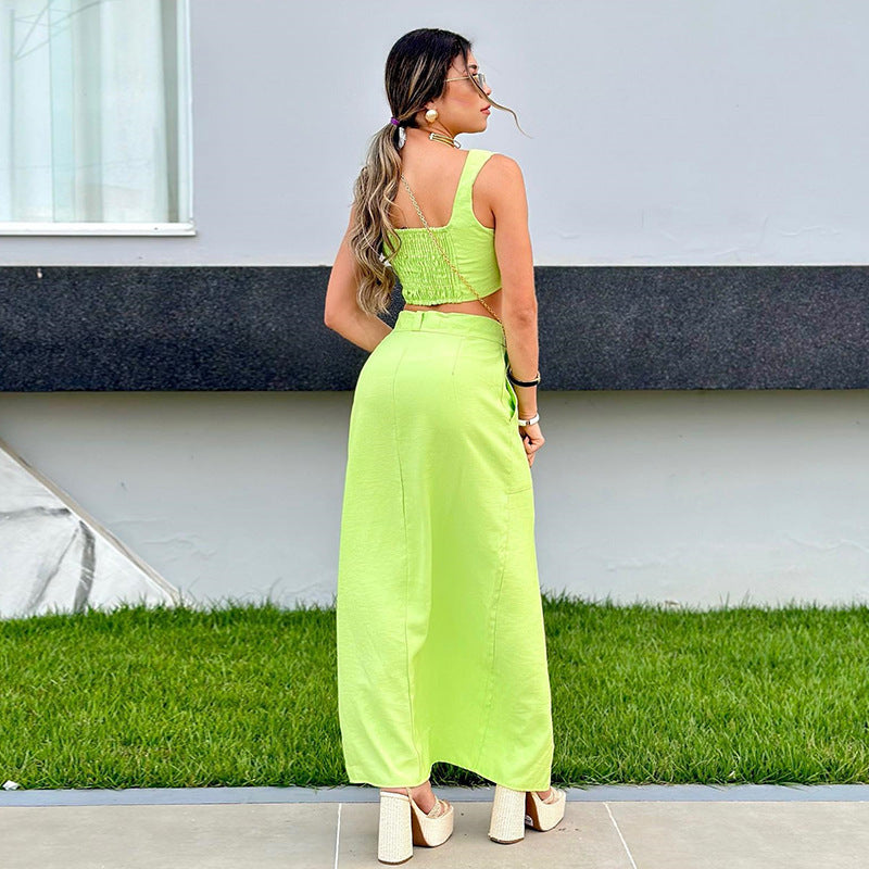 Women's Autumn New Fashion Square Collar Halter Vest High Waist Slit Skirt Suit