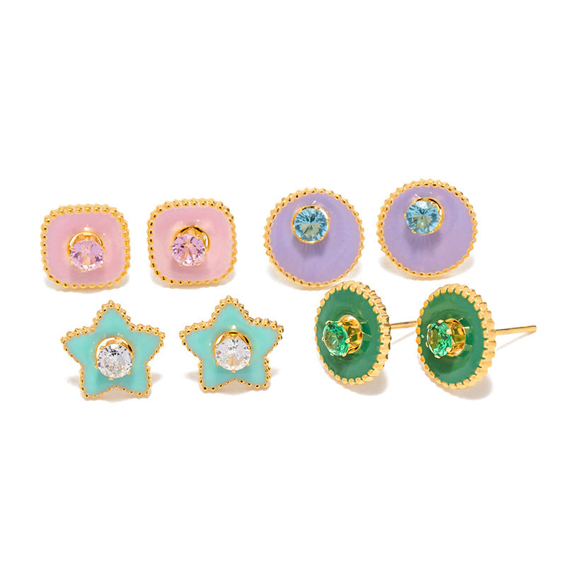 5pcs Personality Earrings New Fashion Titanium Steel 18K Gold Green Five-Pointed Star White Zircon Earrings For Women Jewelry