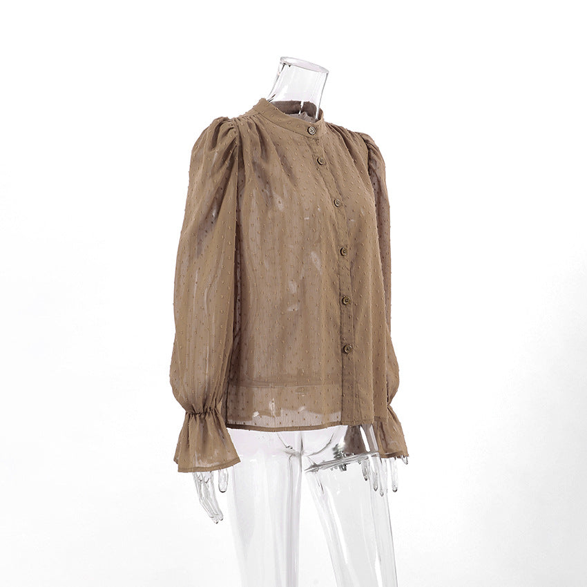 Autumn Temperament Fashion Jacquard Chiffon Shirt Female Niche Loose Ruffled Puffy Sleeve Shirt Top