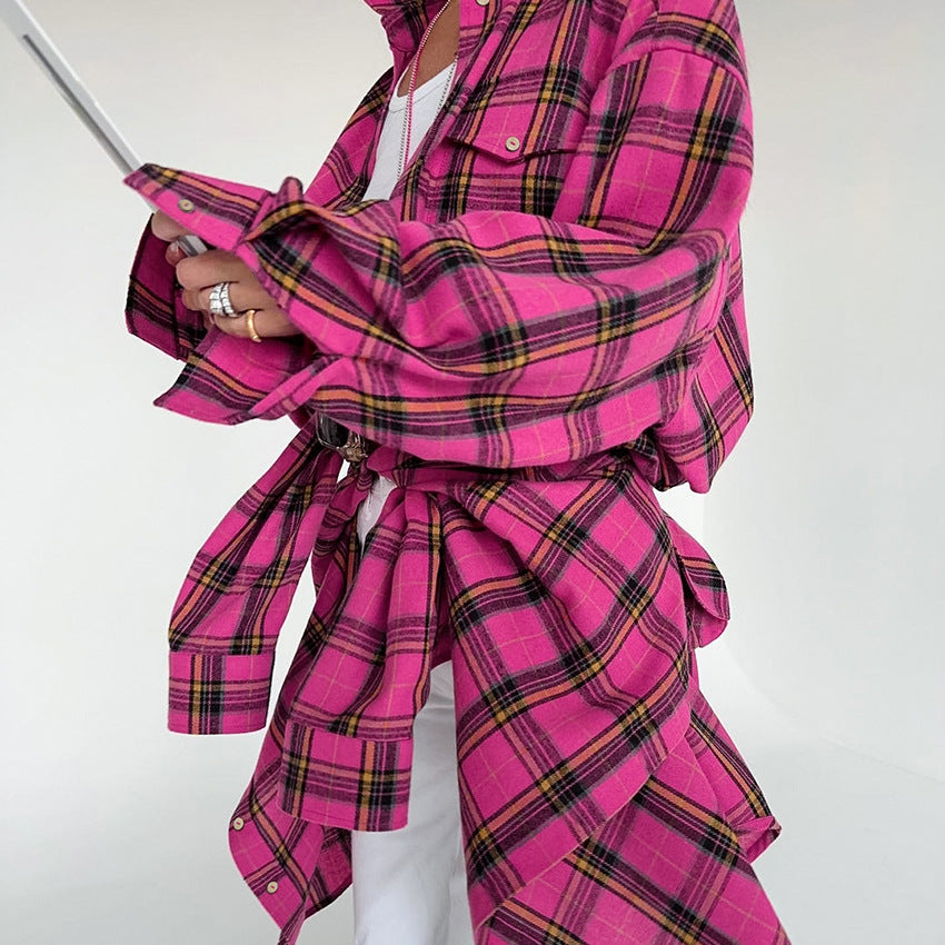 Rose Vintage Classic Plaid Long-Sleeved Lazy Shirt New Autumn Fashion Loose Woman