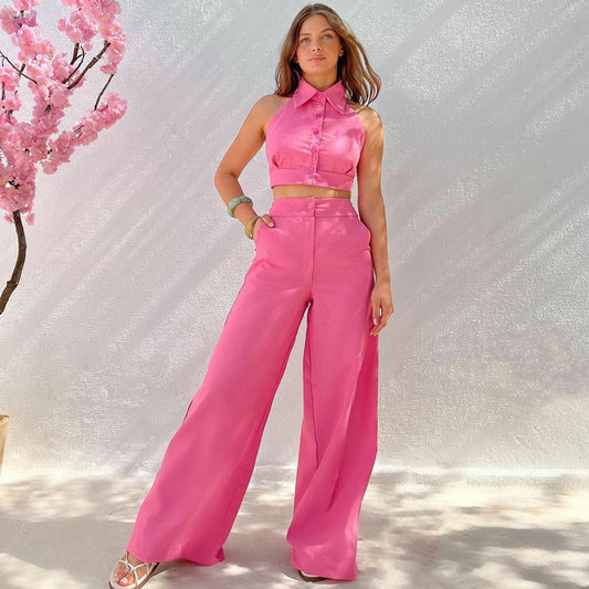 Women's Summer Sleeveless Sexy Halter Top Loose Wide Leg Trousers Two-Piece Set