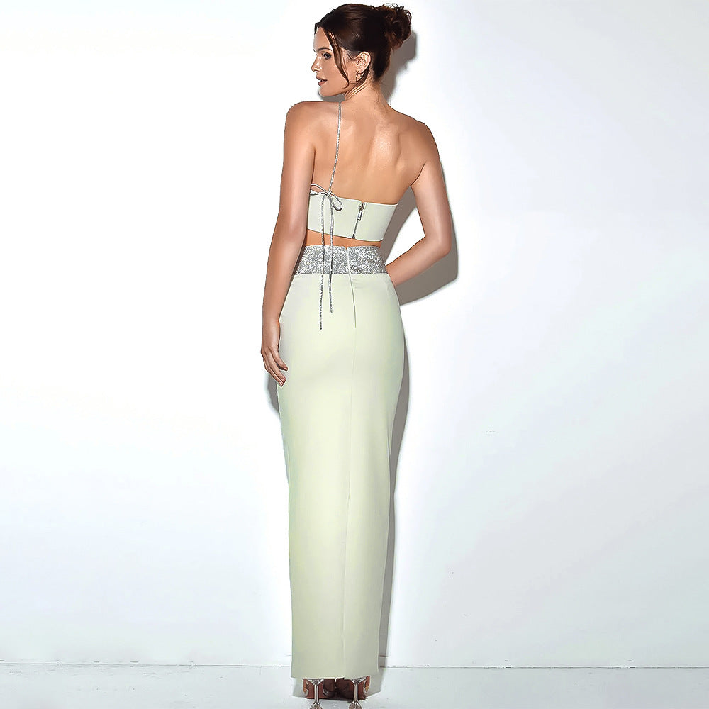 Women's Sexy Oblique One-Shoulder Diamond Chain Strapless Vest Long Skirt Set Spice Girl Nightclub Party Style Two-Piece Set