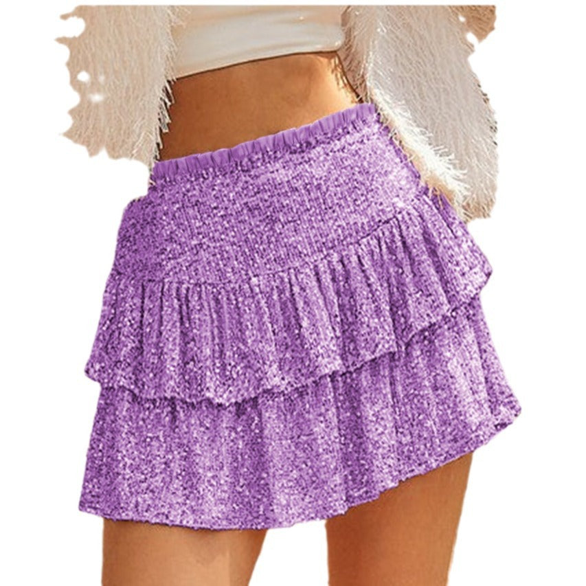 New Spice Girl Pearl Flake Skirt Female Fall Sequin Sexy Skirt Solid Color Pleated Skirt