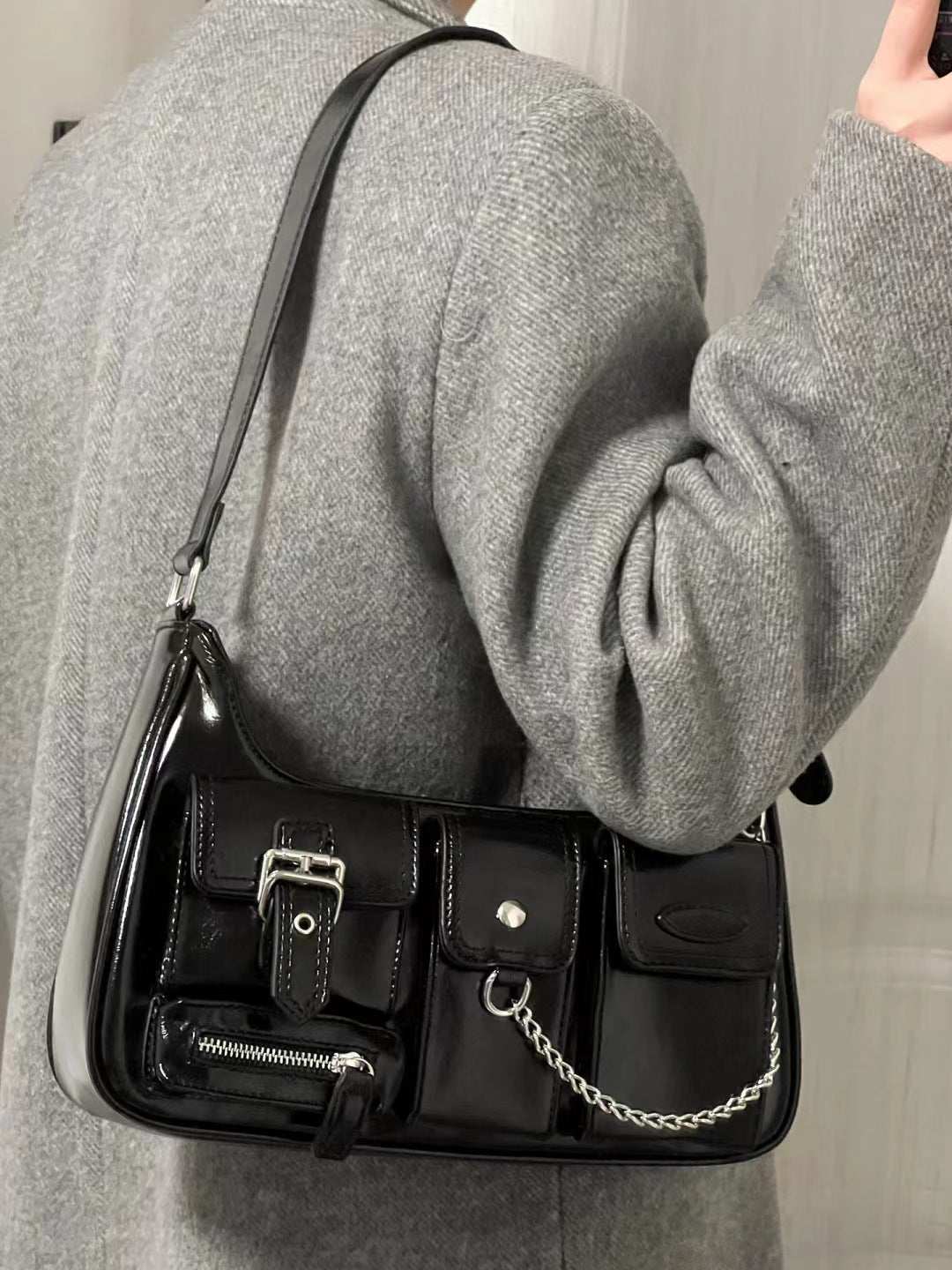 Vintage Y2k Handbags Women High Street Zipper Casual Solid Messenger Bag