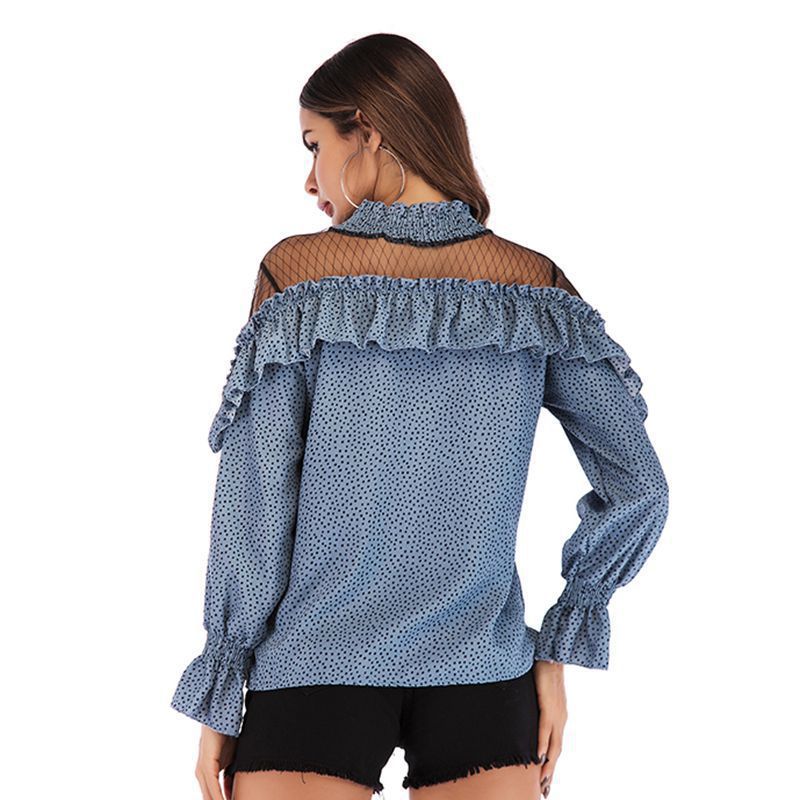 Chiffon Polka Dot Women's Top Autumn New Trumpet Sleeve Mesh Stitching Ruffled Edge