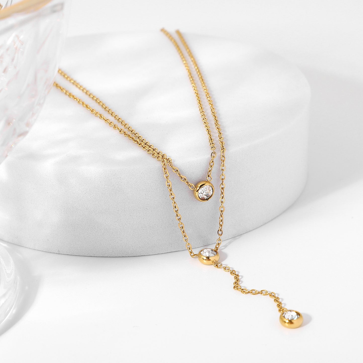 5pcs 18K Gold Stainless Steel Y-Shaped Delicate Chain Jewelry Double Shiny Drop Zircon Necklace For Women