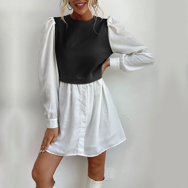 Women's Round Neck Long-Sleeved Color Patchwork Dress