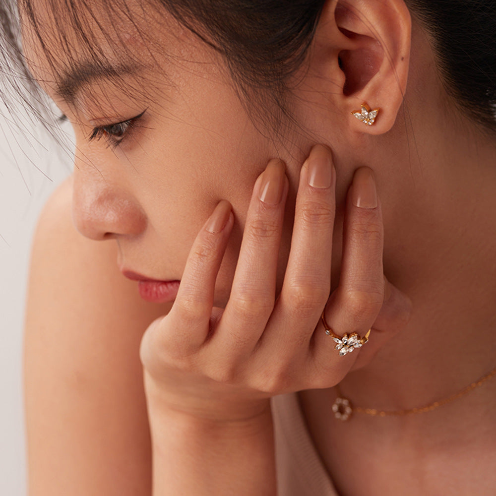 5pcs Ring 18K Gold Plated Thin Flower Zircon Ring Stainless Steel Green Zirconium Adjustable Ring Female