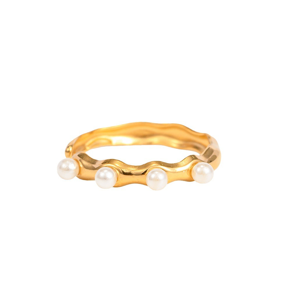 5pcs 18K Gold Stainless Steel Set With Five Pearl Open Ring Does Not Fade Ring