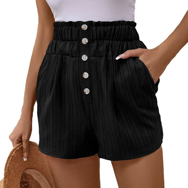 Women's Casual All-Match Pocket Shorts High-Waisted Button Shorts Summer Elastic-Waisted Short Pants